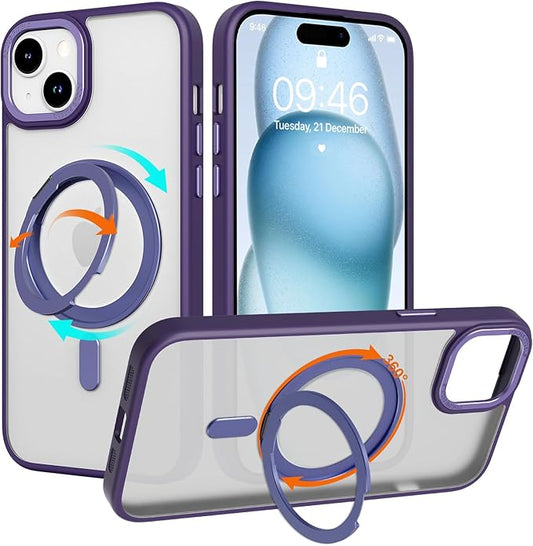 ZIYE Magnetic Case for iPhone 15 Plus Case with Stand [Compatible with MagSafe] Slim Shockproof Military Grade Heavy Duty Cover with 360 Rotatable Ring Kickstand for Women Men, Translucent Purple