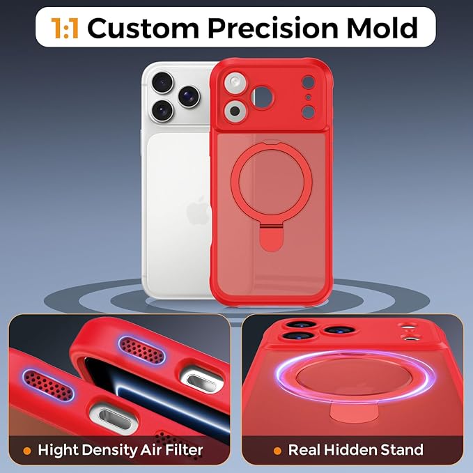 MOCCA Compatible with iPhone 17 Pro Case with Magnetic Invisible Stand [Full Camera Protection] [Compatible with Magsafe] Military Drop Shockproof Translucent Matte Phone Case Cover 6.3",Red