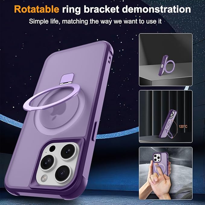 Magnetic Compatible with iPhone 14 Pro Case with Stand [Military Grade Drop Tested][Compatible with Magnet] Ring Translucent Slim Hard Back Soft Edge, Purple