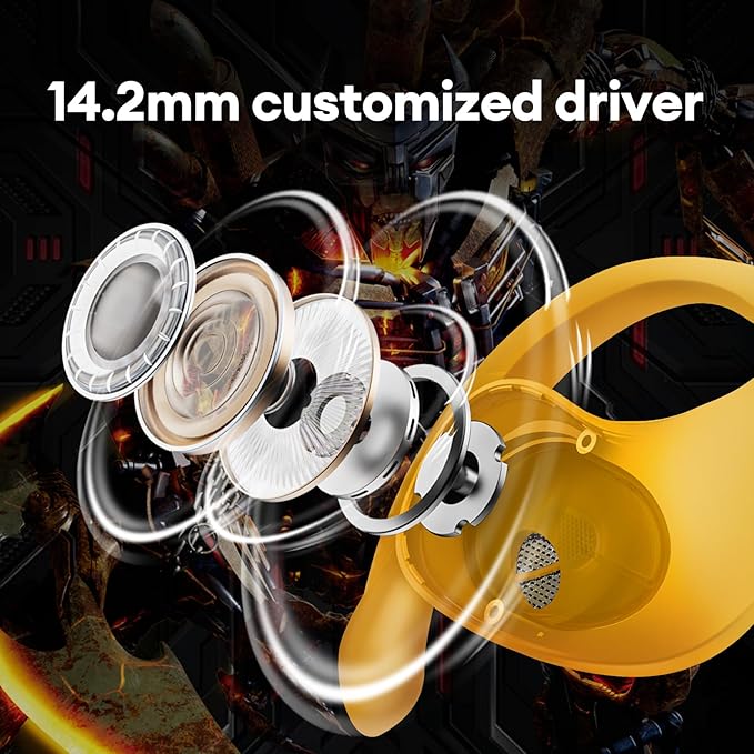 TRANSFORMERS Open Ear Earbuds with Ear Hooks,Open Ear Headphone True Wireless Earbuds Over Ear Headphones Bluetooth 5.4 60H Play,IPX5 Waterproof for Work Fitness Running Yoga Gym, Yellow-Bumblebee