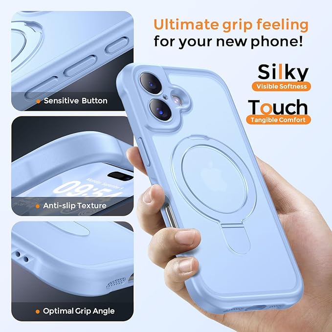 MOCCA Compatible with iPhone 17 Case with Magnetic Invisible Stand [Full Camera Protection] [Compatible with Magsafe] Military Drop Shockproof Translucent Matte Phone Case Cover 6.3",Light Blue