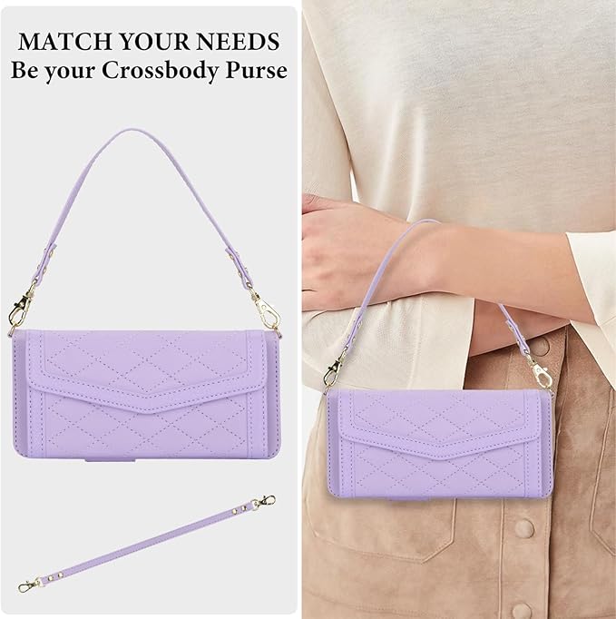 for Samsung Galaxy Z Fold 7 Wallet Case - Stitching Pattern RFID Blocking Card Holder, S Pen Slot Crossbody Strap, Full Body Protection Flip Cover for Women Purple
