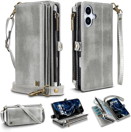 for iPhone 17 Wallet Phone Case with 7 Card Holder,RFID Blocking | PU Leather | Kickstand | Flip | Wrist Strap&Shoulder Strap | Shockproof | Zipper Wallet | Women Men | 6.3" | Silvery