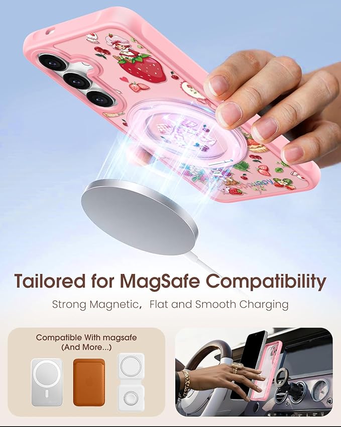 for Samsung Galaxy S25 Case with 360° Rotatable Magnetic Ring - Compatible with MagSafe, Semi-Transparent Soft-Touch Material Shockproof, Cute Pink Strawberry Design for Women Girl