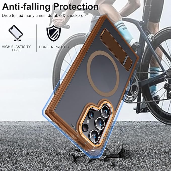 Case for Samsung Galaxy S24 Ultra, Compatible with Magsafe, [Invisible & Adjustable Stand] for Matte Translucent Cover, Anti-Slip Shockproof Slim Phone Case for Galaxy S24 Ultra (Brown)