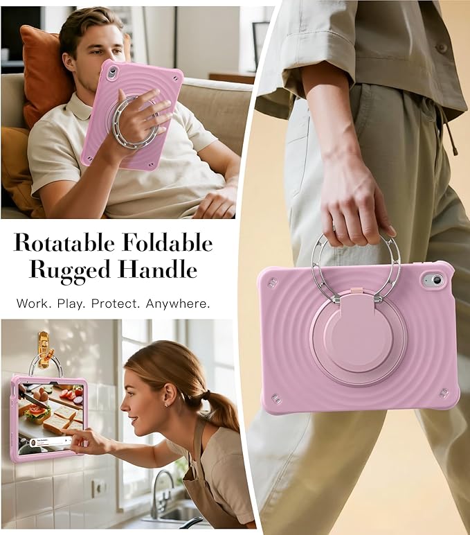 BRAECN Ripple Case for iPad (A16)11th/10th Generation 11/10.9 inch 2025/2022 Zinc Alloy Handle Ring Stand Protective Heavy Duty Screen Protector 360°Rotating 180°Folding Shoulder Strap Full-Body Cover