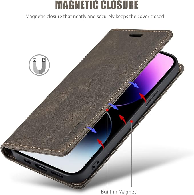 japezop Compatible with iPhone 14 Pro Wallet Case with [RFID Blocking] Credit Card Slots Folio Magnetic Stand,Leather Flip Case Wallet for iPhone 14 Pro 5G 6.1 Inch (Coffee)