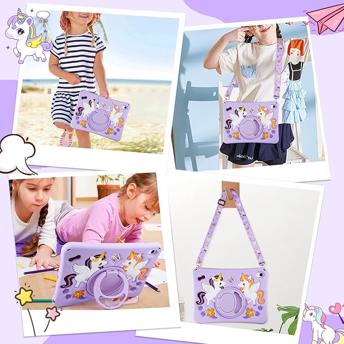 HianDier for iPad A16 Case 11th 2025 iPad 10th Generation Case for Kids Cute Unicorn Silicone Tablet Cover with Detachable Strap and Rotatable Stand Shockproof Cover for iPad 11inch 10.9inch-Purple