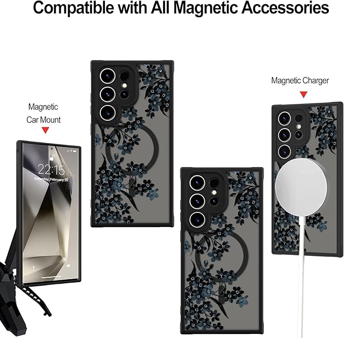 Fiyart Designed for Samsung Galaxy S24 Ultra Case Matte Flowers Design Compatible with MagSafe Wireless Charging,Cute Floral Anti-Scratch Translucent Phone Cover for Women Girls 6.8"-Black