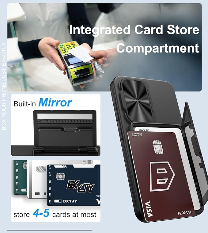 for Samsung Galaxy S25 Wallet Case with Camera Cover Stand, Built-in Card Holder (4-5 Cards), Military Grade Drop Proof, Heavy Duty Hard Women Men Phone Cases for Samsung S25 6.2", Black