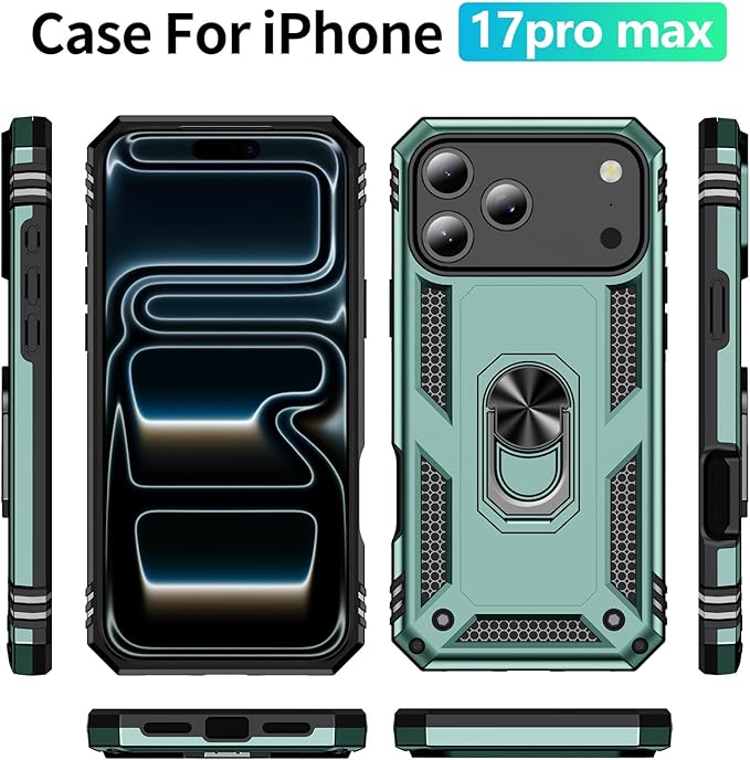 ADDIT Compatible with iPhone 17 Pro Max Case with Tempered Glass Screen Protector, Adjustable Kickstand Ring, Military-Grade Heavy Duty Protection, Shockproof, Anti-Fingerprint,Teal
