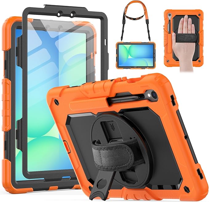 HXCASEAC Case for Samsung Galaxy Tab S10 Lite / S10 FE / S9 FE 5G 10.9 inch, Shockproof Design with Screen Protector/Hand Strap/S Pen Holder, Protective Samsung Galaxy S10 Lite Tablet Case, Orange