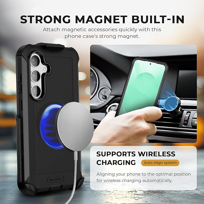 MOTIVE Designed for Samsung Galaxy s25 Plus Case with Belt Clip, Magnetic Case Magsafe Compatible, Heavy Duty and Quad Layer MG-Protection for s25 Plus Holster, 6.7" | Black [Fits s24 Plus]