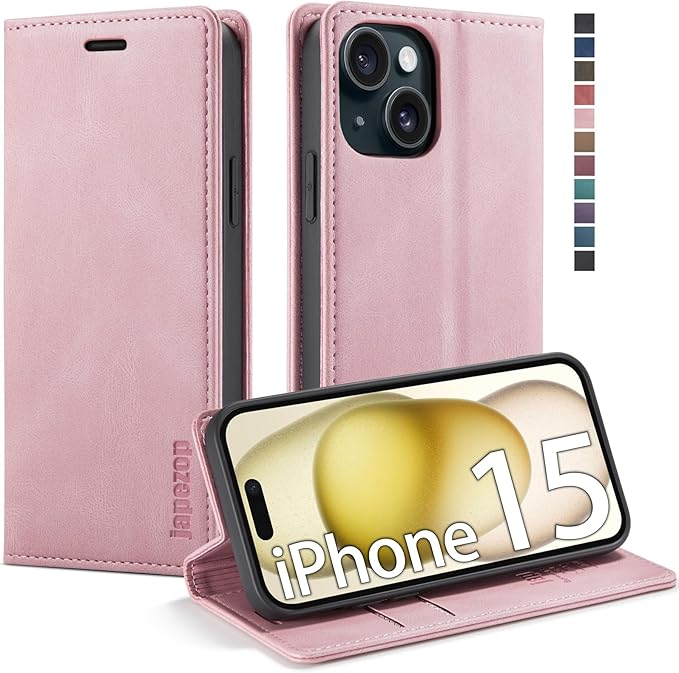 japezop iPhone 15 5G Wallet Case with [RFID Blocking],Card Holder Kickstand Magnetic,Leather Flip Case Wallet for iPhone 15 5G 6.1 Inch(Pink)