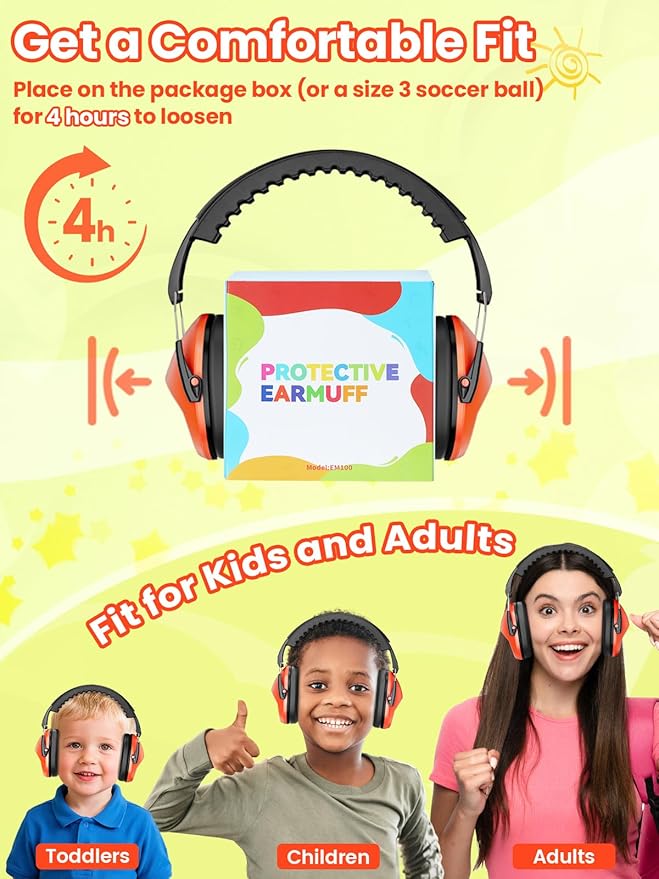 Dr.meter Ear Muffs for Noise Reduction: 27.4SNR Noise Cancelling Headphones for Kids Adults, EM100 Adjustable Hearing Protection Earmuffs for Monster Jam, Autism Sensory, Concerts, Fireworks Orange