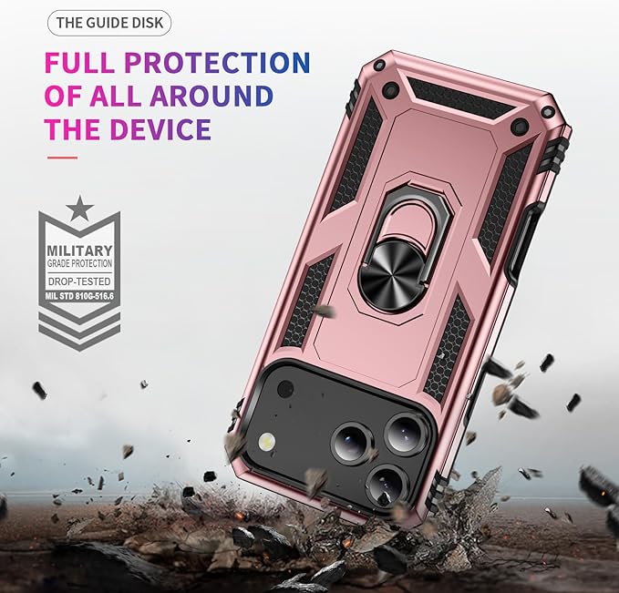 ADDIT Compatible with iPhone 17 Pro Max Case with Tempered Glass Screen Protector, Adjustable Kickstand Ring, Military-Grade Heavy Duty Protection, Shockproof, Anti-Fingerprint,Rose Gold