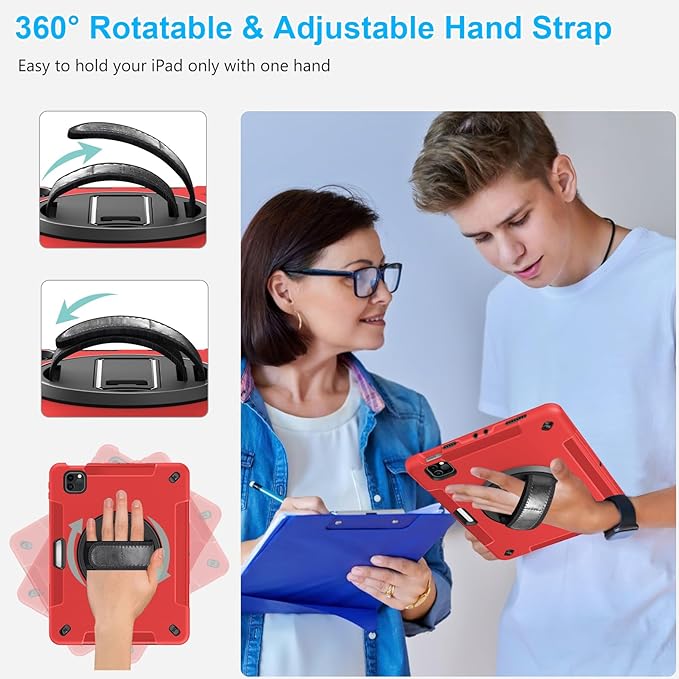 Case for iPad Pro 11 Inch 2022/2021/ 2020/2018: Cover for iPad 11 Inch 4th/ 3rd/ 2nd/ 1st Generation with Screen Protector- Stand- Handle- Shoulder Strap- Pencil Holder Red
