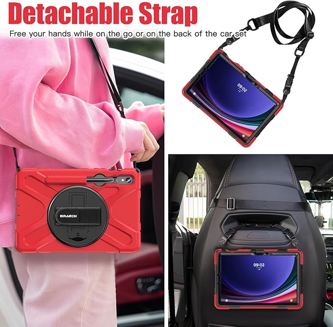 BRAECNstock for Samsung Galaxy Tab S10 Lite/ S10 FE/ S9 FE/ S9/ S8/ S7 5G Case 10.9"/ 11", Shockproof Protective Kids Case with Pencil Holder, Rotating Hand Strap & Stand, Shoulder Strap, Red