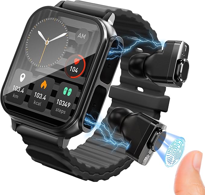 Smart Watch with Earbuds, 1.96“ Smartwatch for Android/iOS, Watches for Men Women IP67 Waterproof Fitness Tracker with Heart Rate Blood Oxygen Sleep Monitor, Sports Calls Message (Black)