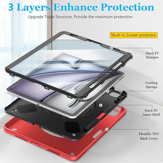 Case for iPad Air 13 Inch M3 2025 & M2 2024: Military Grade Cover for iPad Pro 12.9 6th/5th/4th/3rd Generation W/Screen Protector- Stand- Pencil Holder- Handle- Shoulder Strap- Red