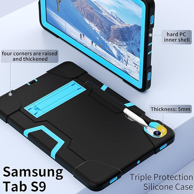 Case for Galaxy Tablet S10 FE 10.9" / S9 FE / S9 11" 2023, Soft Silicone & Hard Pc 3-Layer Military Protector Cover for Tab S10 FE /S9 FE/ S9 /S8 /S7 with S-Pen Holder Stand Black+Blue
