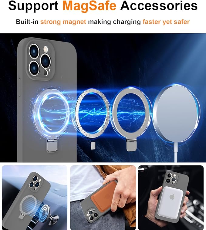 ZHK Liquid Silicone Designed for iPhone 14 pro Case with Magnet Stand, [Precise Camera Lens Protection][Mil-Grade Drop Shockproof][Soft Anti-Scratch Microfiber Lining] Slim Fit Cover, Grey