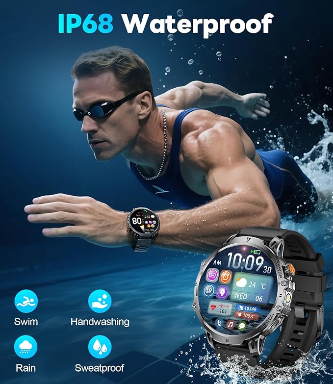 Military Smartwatch for Men(Answer/Make Calls),1000mAh Battery 1.85” HD Display Fitness Tracker with 100+ Sports Modes/Heart Rate Monitor LED Flashlight IP68 Waterproof for Android iOS