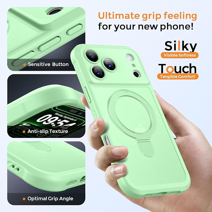 MOCCA Compatible with iPhone 17 Pro Case with Magnetic Invisible Stand [Full Camera Protection] [Compatible with Magsafe] Military Drop Shockproof Translucent Matte Phone Case Cover 6.3",Matcha Green