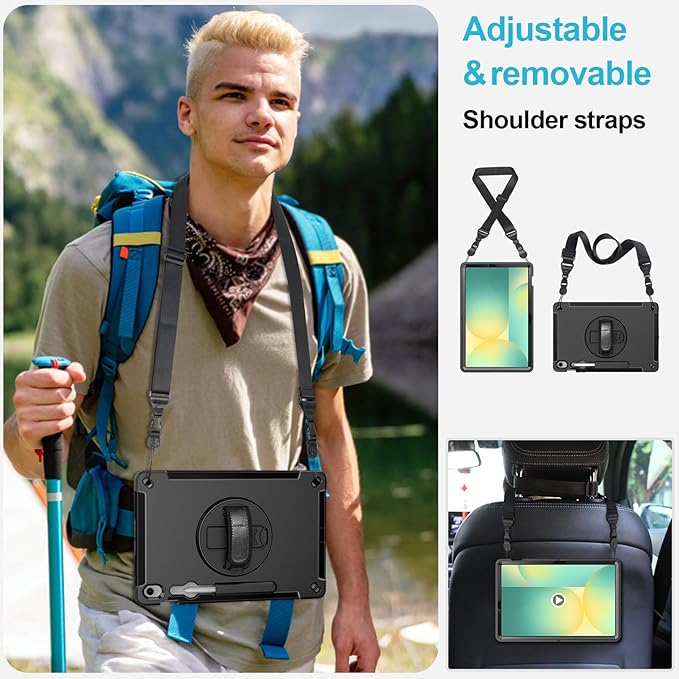 Case for Galaxy Tab S10 FE Plus 13.1" 2025: TPU Cover for Samsung Tablet S10 FE Plus/+ 13.1 Inch with Screen Protector- Stand- Handle-Shoulder Strap-S-Pen Holder-Black+Black