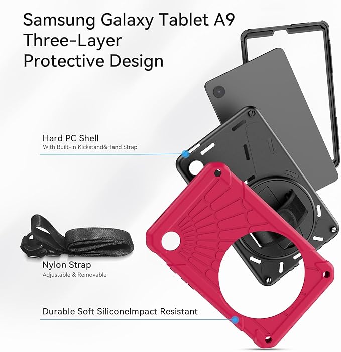 Case for Samsung Galaxy Tab A9 8.7 Inch 2023, 360° Rotating Stand, Hand Strap&Shoulder Strap Case for Samsung A9 Tablet(SM-X110/X115/X117) (Rose Red)