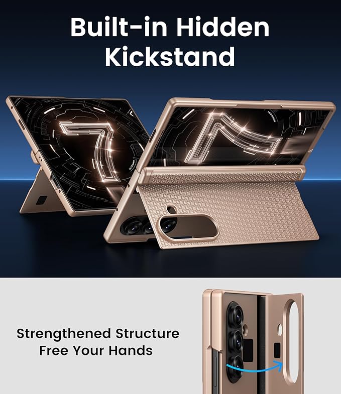 for Samsung Galaxy Z Fold 7 Case with Front Glass Screen Protector, Slim Profile with Kickstand, Rugged Hard Full Body Cover, Daily Drop Protective Phone Case for Samsung Z Fold 7 5g 2025, Rose Gold