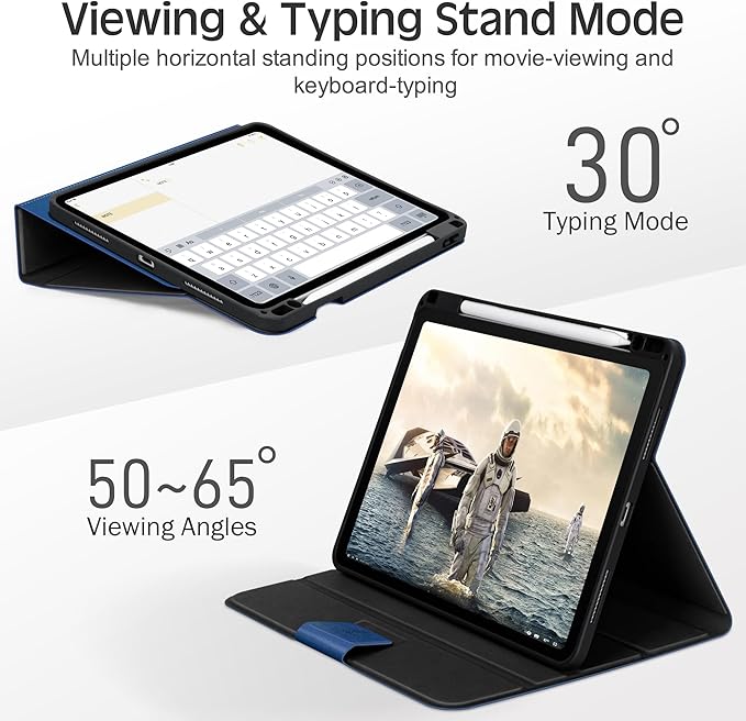 KingBlanc for iPad Air 11-inch Case M3 (2025) / M2 (2024), iPad Air 5th/4th Generation (2022/2020, 10.9") with Pencil Holder, Vegan Leather Stand Cover, Auto Sleep Wake, Viewing/Typing Angle, Blue