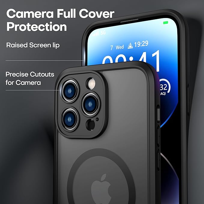 ImpactStrong Magnetic Guard Designed for iPhone 14 Pro Case [Camera Protection] [Military Grade Drop Tested] [Compatible with MagSafe] Slim Translucent Matte Phone Case (6.1") - Black