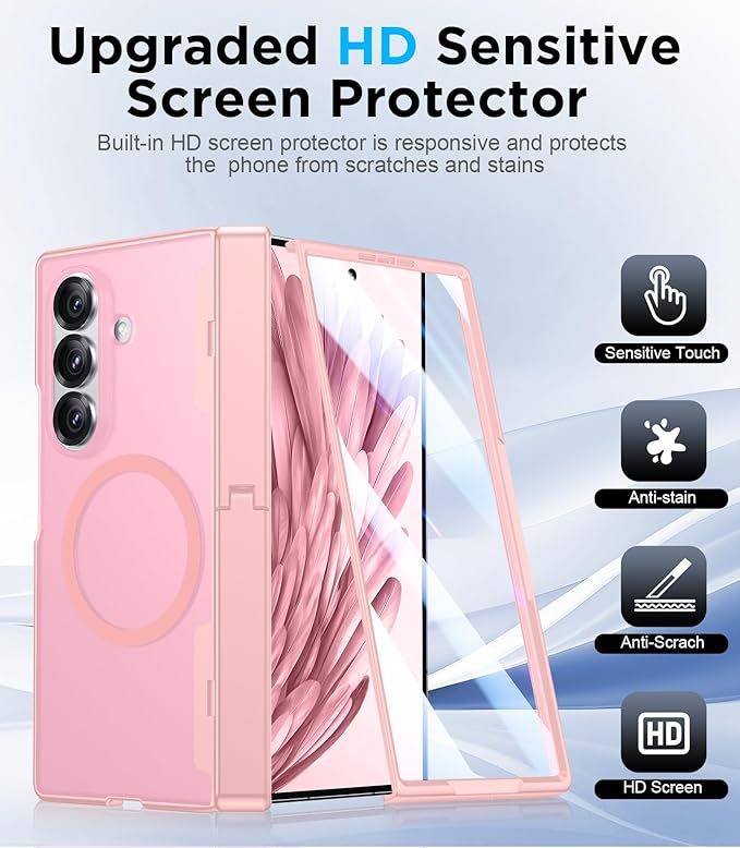 Temdan Magnetic for Samsung Galaxy Z Fold 7 Case,[Compatible with MagSafe][Built-in HD Screen Protector&Invisible Kickstand][Hinge Protection]Translucent Matte Shockproof Phone Case for Z Fold 7,Pink