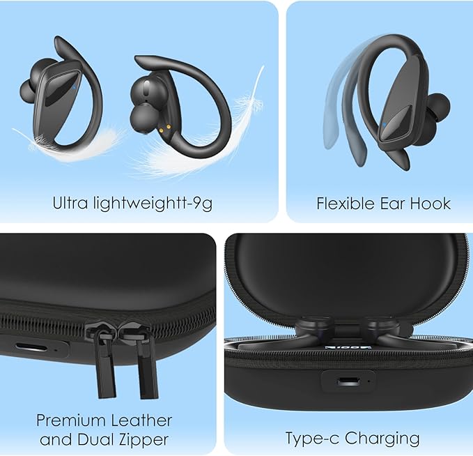 Wireless Earbuds Bluetooth Headphones, 23Hrs Playback Sport Earphones with LED Display Over-Ear Buds with Earhooks, Sweatproof Running Ear Buds with Earhooks Workout Earphones (Black)