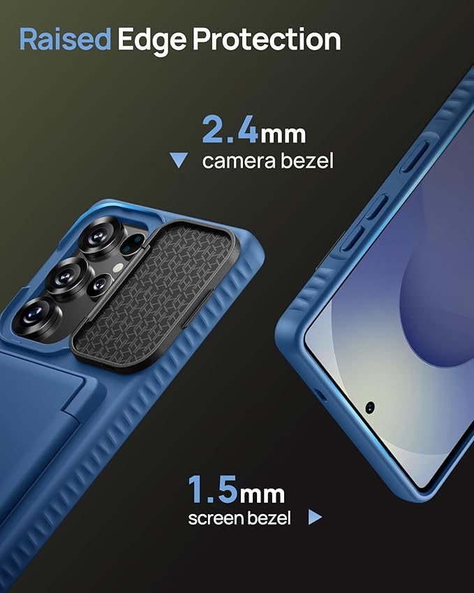 for Samsung Galaxy S25 Ultra Case with Card Holder, Built-in Stand & Camera Lens Cover, Shockproof Rugged Silicone Raised Edge Protective Wallet Phone Case for Samsung S25 Ultra 2025, Blue