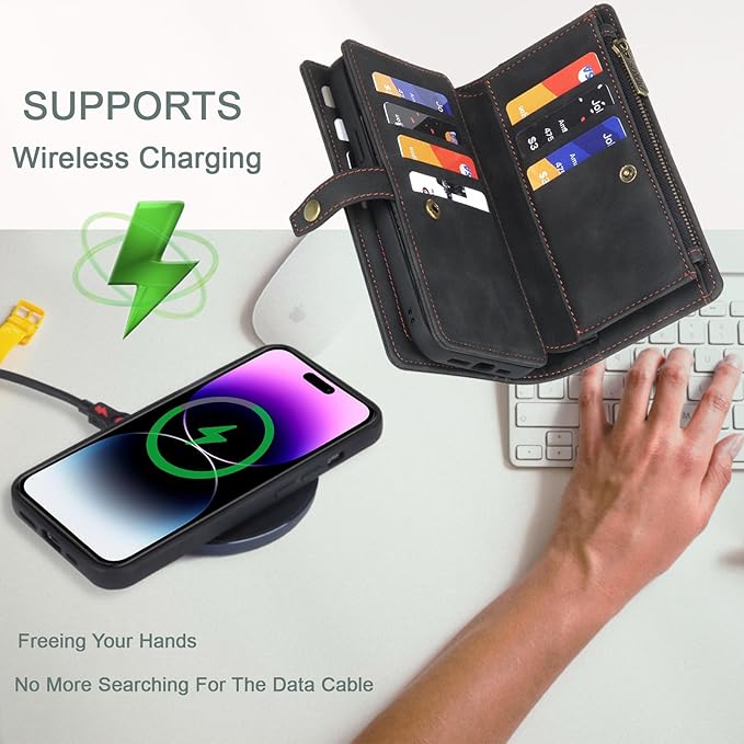 TwoHead Wallet Case Compatible with iPhone 15 Plus,Detachable Magnetic Phone Case,All-Round Shockproof Protective Leather Phone Case with Card Holder,6.7 in