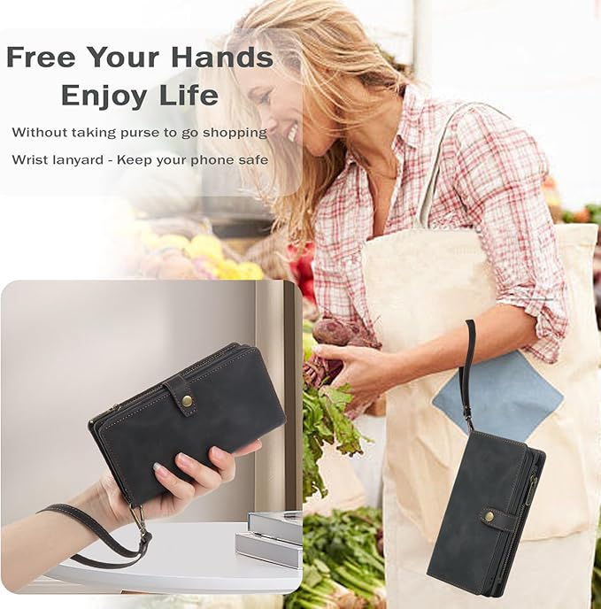 TwoHead Phone Case Wallet Compatible with Samsung Galaxy S24 Plus | Card Holder, Detachable, Magnetic, PU Leather, All-Round Protective, Phone Case Wallet, Wrist Strap,Black