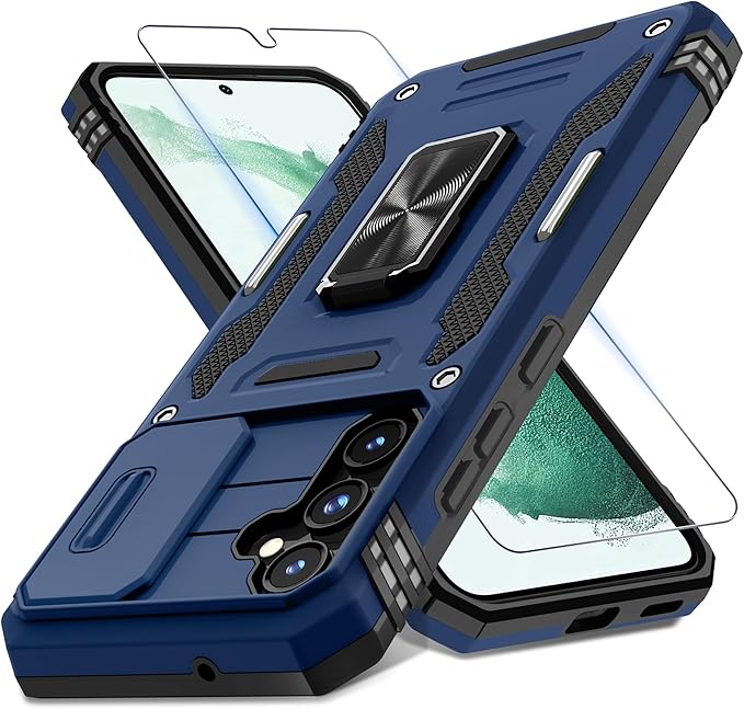 DEERLAMN Case for Samsung Galaxy S23 FE 6.4-Inch with Slide Camera Cover+Screen Protector(1 Pack),Rotated Ring Kickstand Military Grade Shockproof Protective Cover-Navy Blue