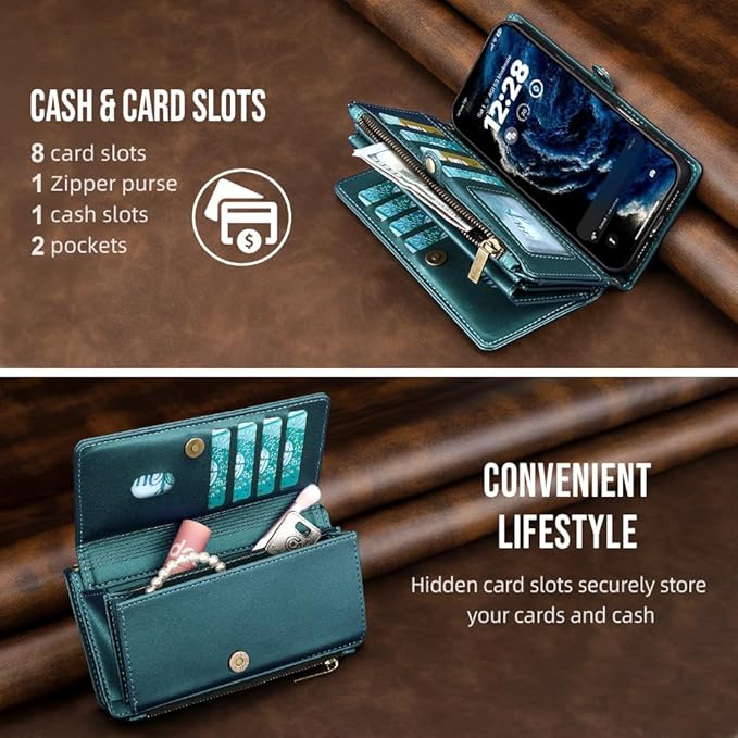 for iPhone 17 Pro Max Wallet Phone Case with 8 Card Holder,RFID Blocking | PU Leather | Kickstand | Flip | Wrist Strap&Shoulder Strap | Shockproof | Zipper Wallet | Women Men | 6.9" | Green