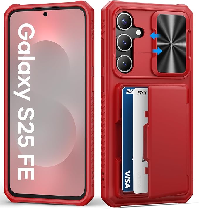 Wallet Case for Samsung Galaxy S25 FE, Card Holder (4-5 Cards), Slide Camera Cover, Military Grade Protection, Heavy Duty Women Girly Men Protective Phone Cover for Galaxy S25 FE 6.7" 2025, Red