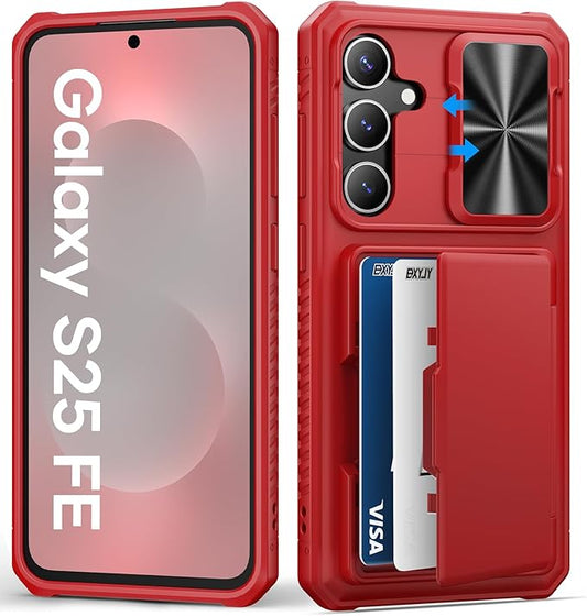 Wallet Case for Samsung Galaxy S25 FE, Card Holder (4-5 Cards), Slide Camera Cover, Military Grade Protection, Heavy Duty Women Girly Men Protective Phone Cover for Galaxy S25 FE 6.7" 2025, Red