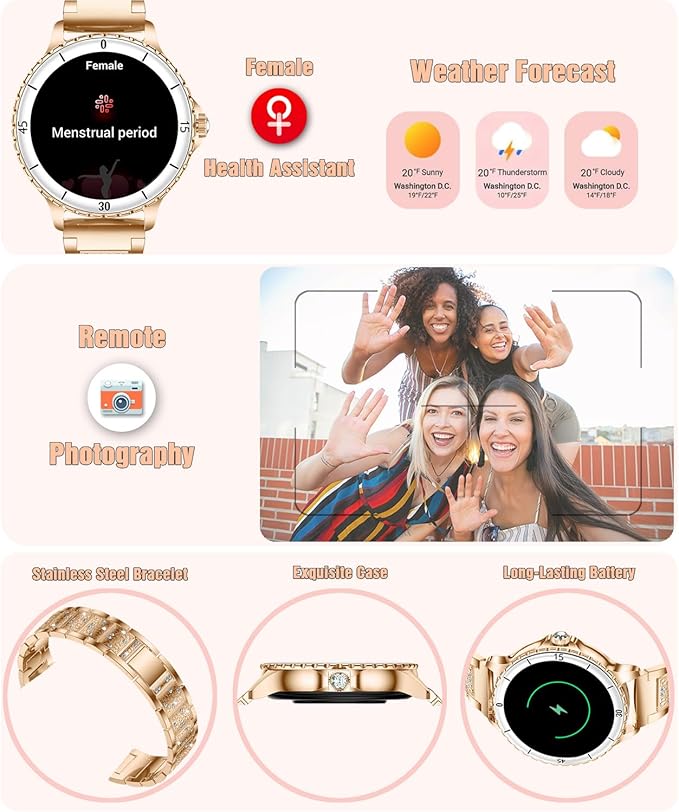 Smart Watch for Women, 1.27" HD Display,Answer/Make Calls, IP68 Waterproof Sports Women's Smartwatch, Fitness Tracker,Heart Rate Monitor, Pedometer – Compatible with Android & iOS (Rose Gold)