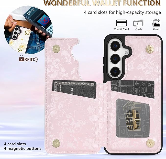 NNH Compatible with Samsung Galaxy S25 Wallet Case with RFID Blocking Card Slots Folio Flip PU Leather Kickstand Double Magnetic Clasp Design Cover for Galaxy S25(6.2 inch-White Little Daisy)