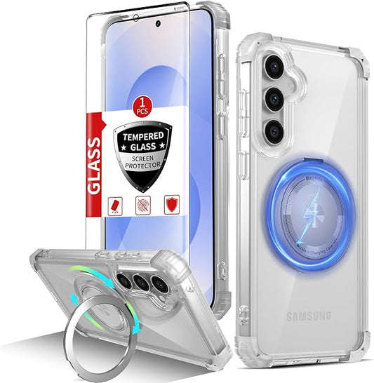 Magnetic for Samsung Galaxy S25 Case Compatible with MagSafe Wireless Charging,with Screen Protector,S25 Phone Case Built-in 360° Kickstand Ring,Shockproof Military Grade Drop Protection Clear