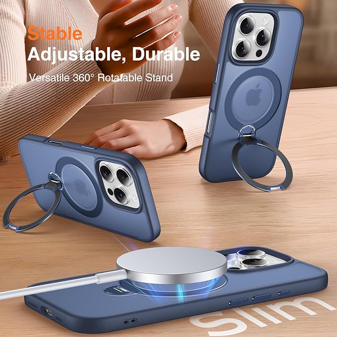 360° O-Ring MagStander for iPhone 15 Pro Max Case with Magnetic Kickstand Ring Holder [Compatible with MagSafe][360°Rotate Stand][Military Shockproof] iPhone 15 Pro Max Phone Cover Blue