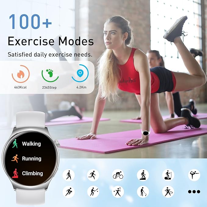 Smart Watch for Women, 1.43" HD AMOLED Bluetooth Call Smartwatch Compatible Android iPhone Phones with Fitness Tracker Counter/Heart Rate/Sleep Monitor/120+ Sports/IP68 Waterproof, Silver 2 Bands