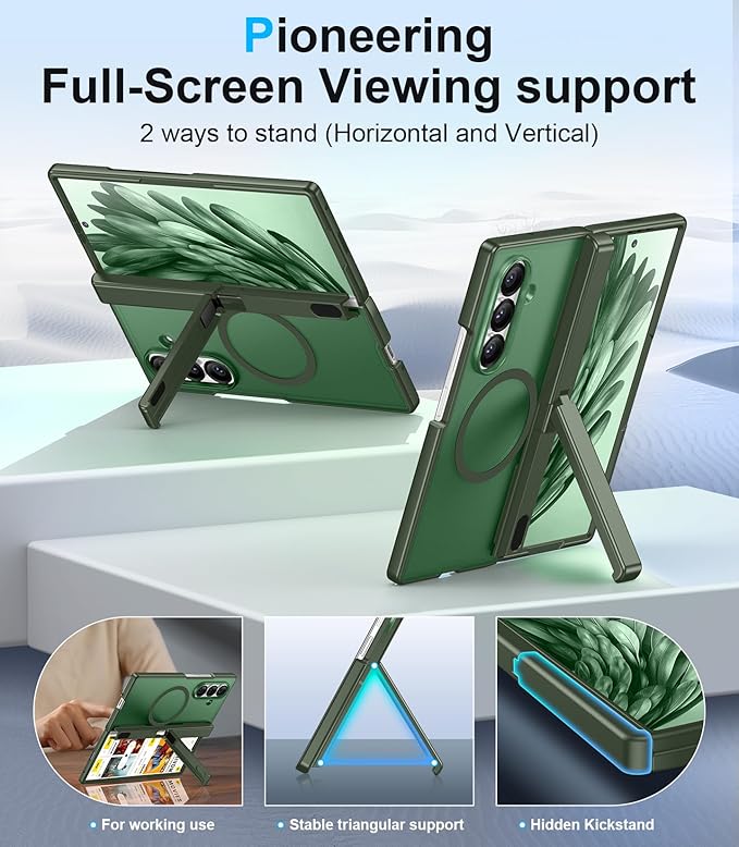 Temdan Magnetic for Samsung Galaxy Z Fold 7 Case,[Compatible with MagSafe][Built-in HD Screen Protector&Invisible Kickstand][Hinge Protection]Translucent Matte Shockproof Phone Case for Z Fold 7,Green