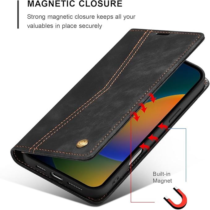 QLTYPRI for iPhone 16 Pro Case Wallet with Card Holder, Vintage PU Leather Kickstand Magnetic Closure Shockproof Folio Book Cover Case for iPhone 16 Pro - Retro Black