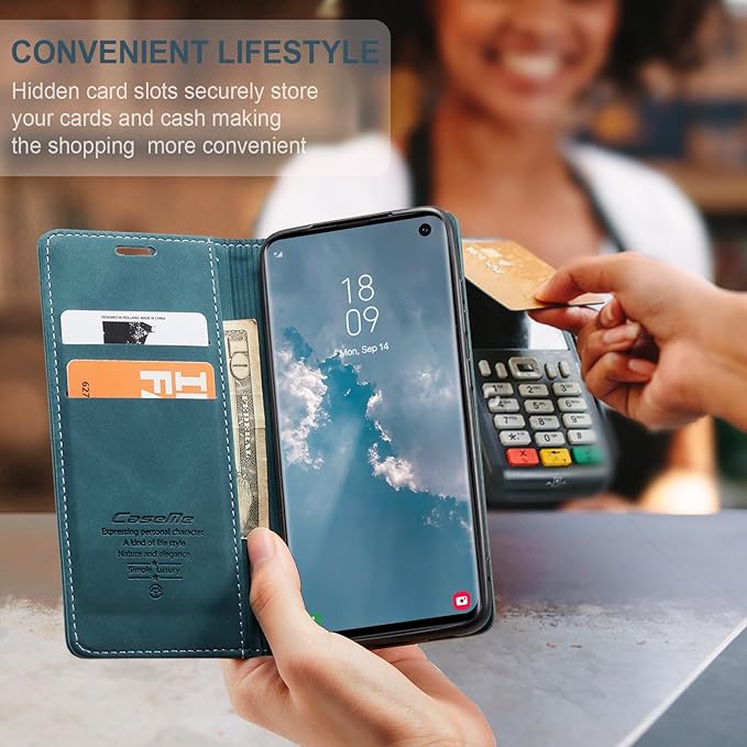 for Samsung Galaxy S10 Case, Flip Wallet Leather Case with Card Holder Magnetic Closure Shockproof Kickstand Protective Phone Cases Cover for Samsung S10,Blue-Green